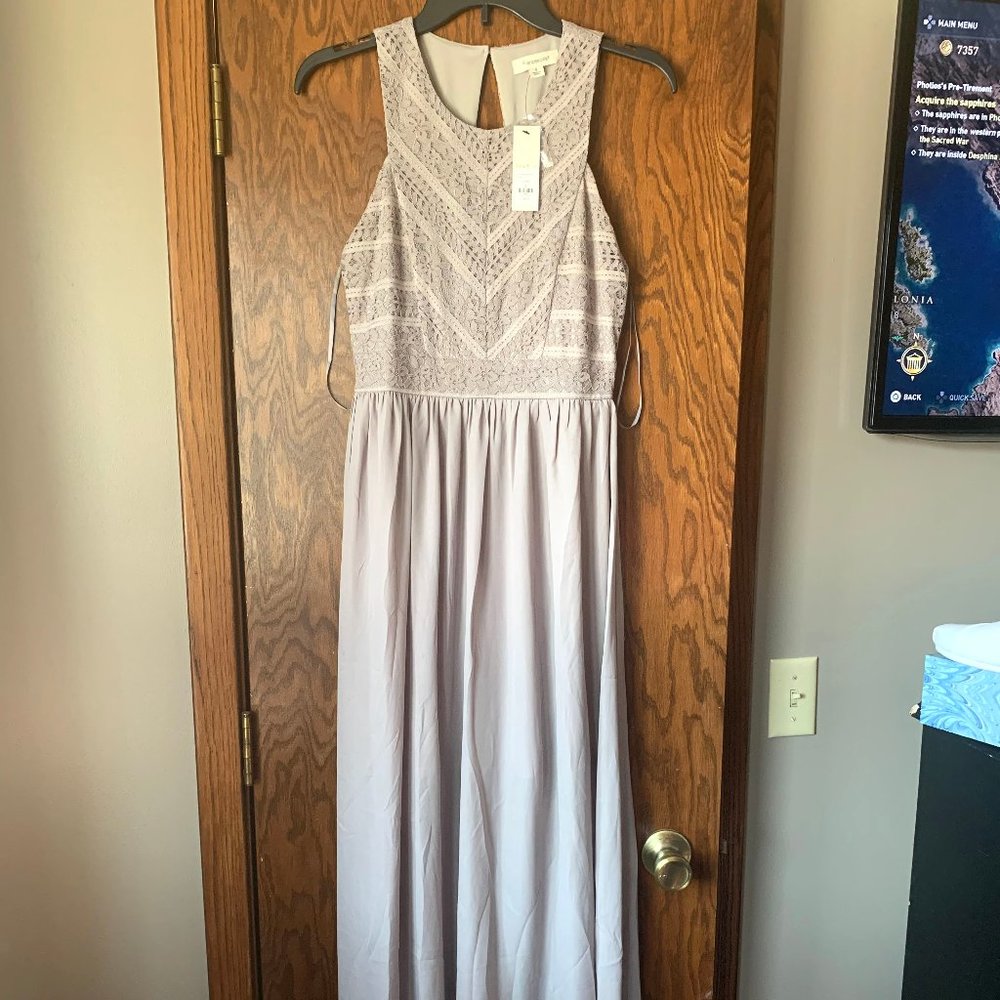 Francesca's: Grey Lace Floor-Length Dress